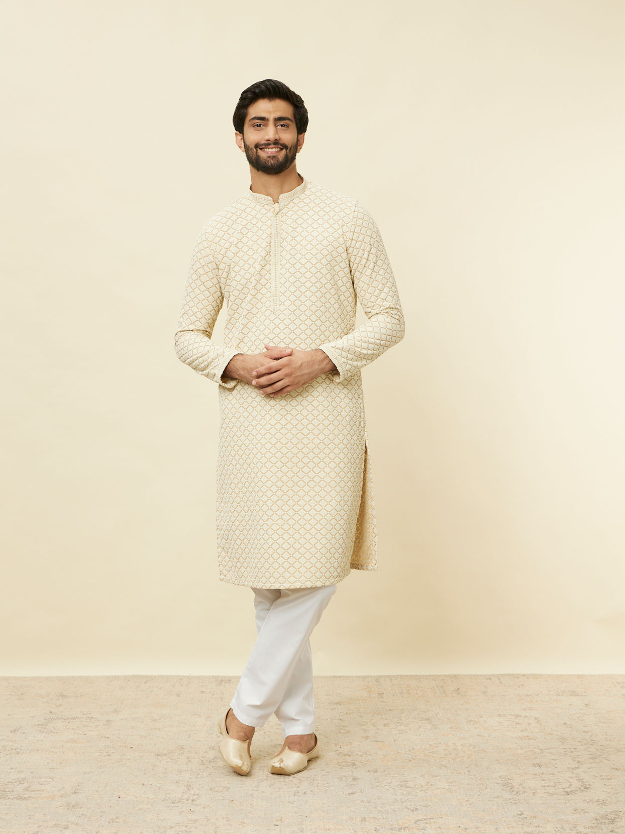 Manyavar Men Sand Beige Chikankari Kurta Set