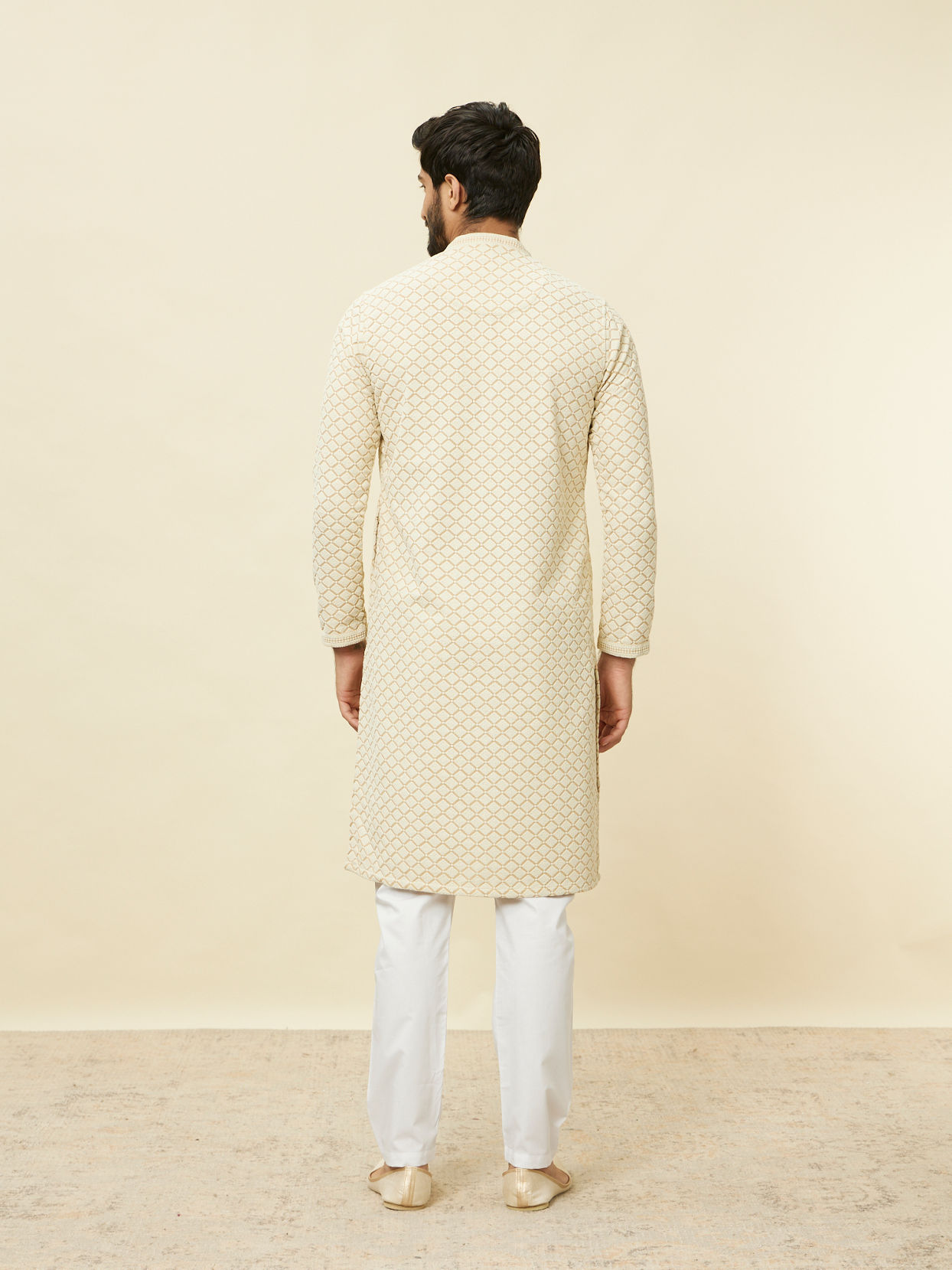 Manyavar Men Sand Beige Chikankari Kurta Set