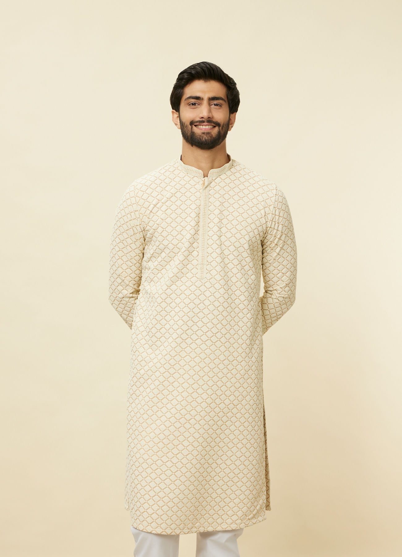 Manyavar Men Sand Beige Chikankari Kurta Set