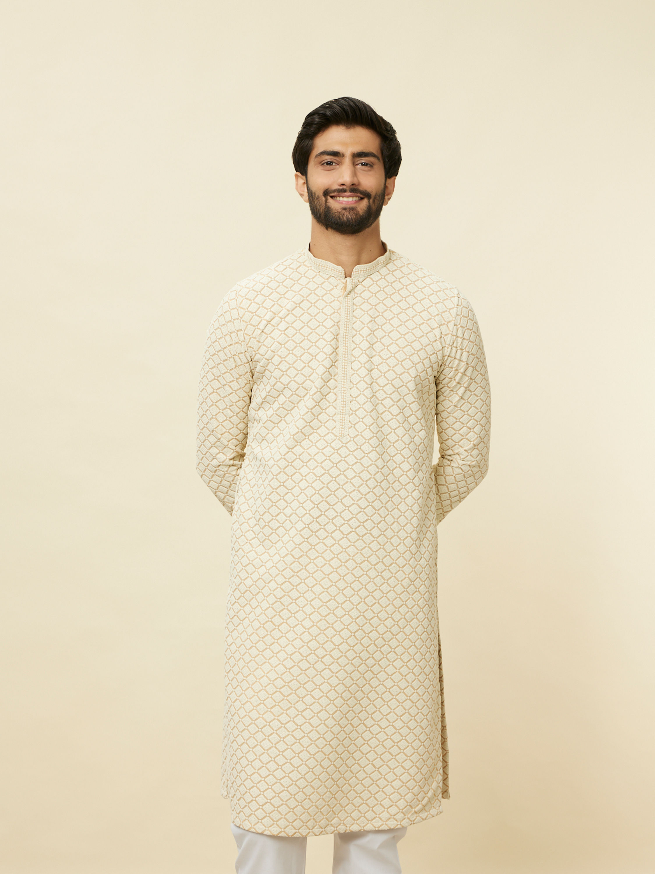 Manyavar Men Sand Beige Chikankari Kurta Set