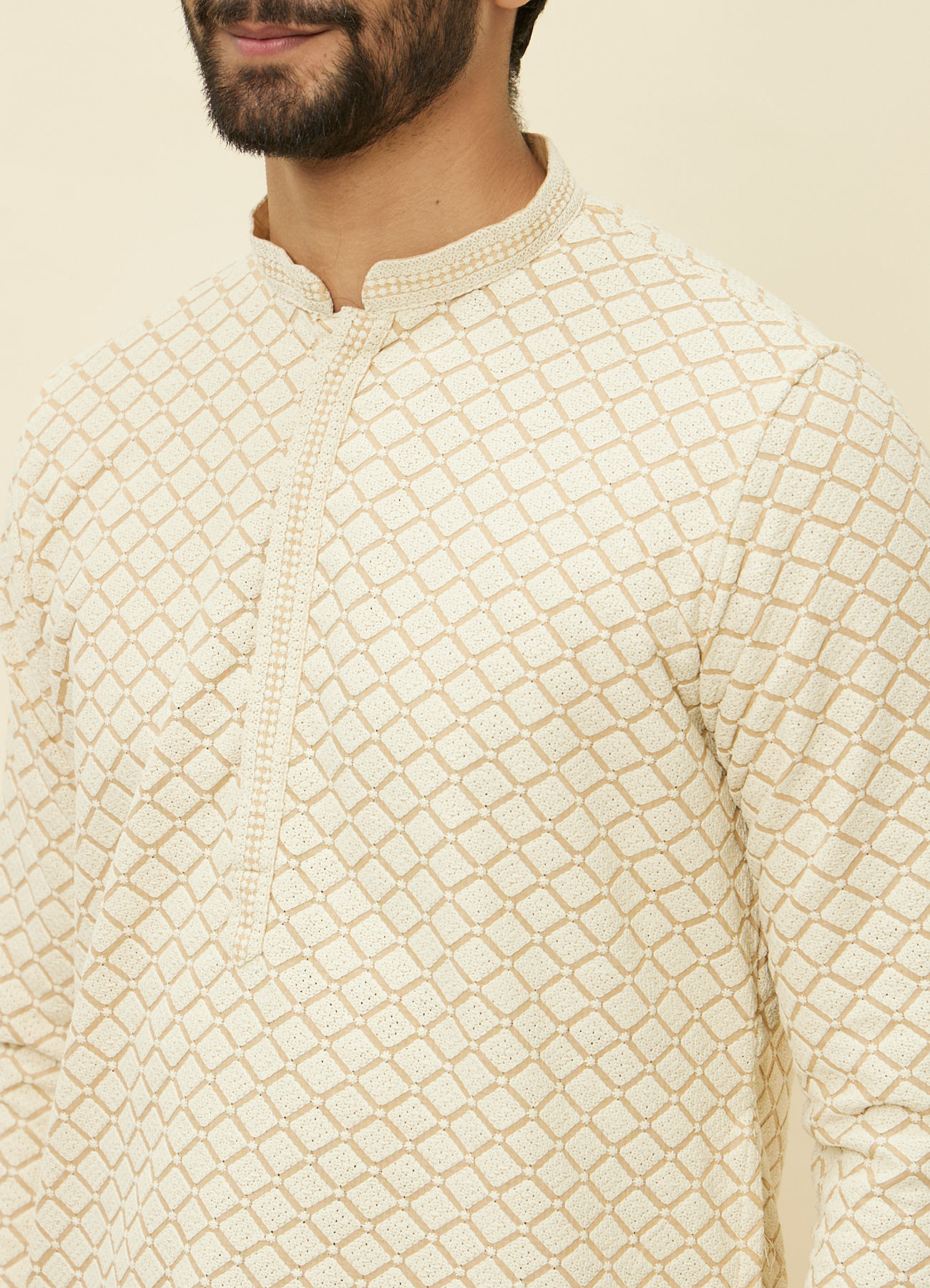 Manyavar Men Sand Beige Chikankari Kurta Set