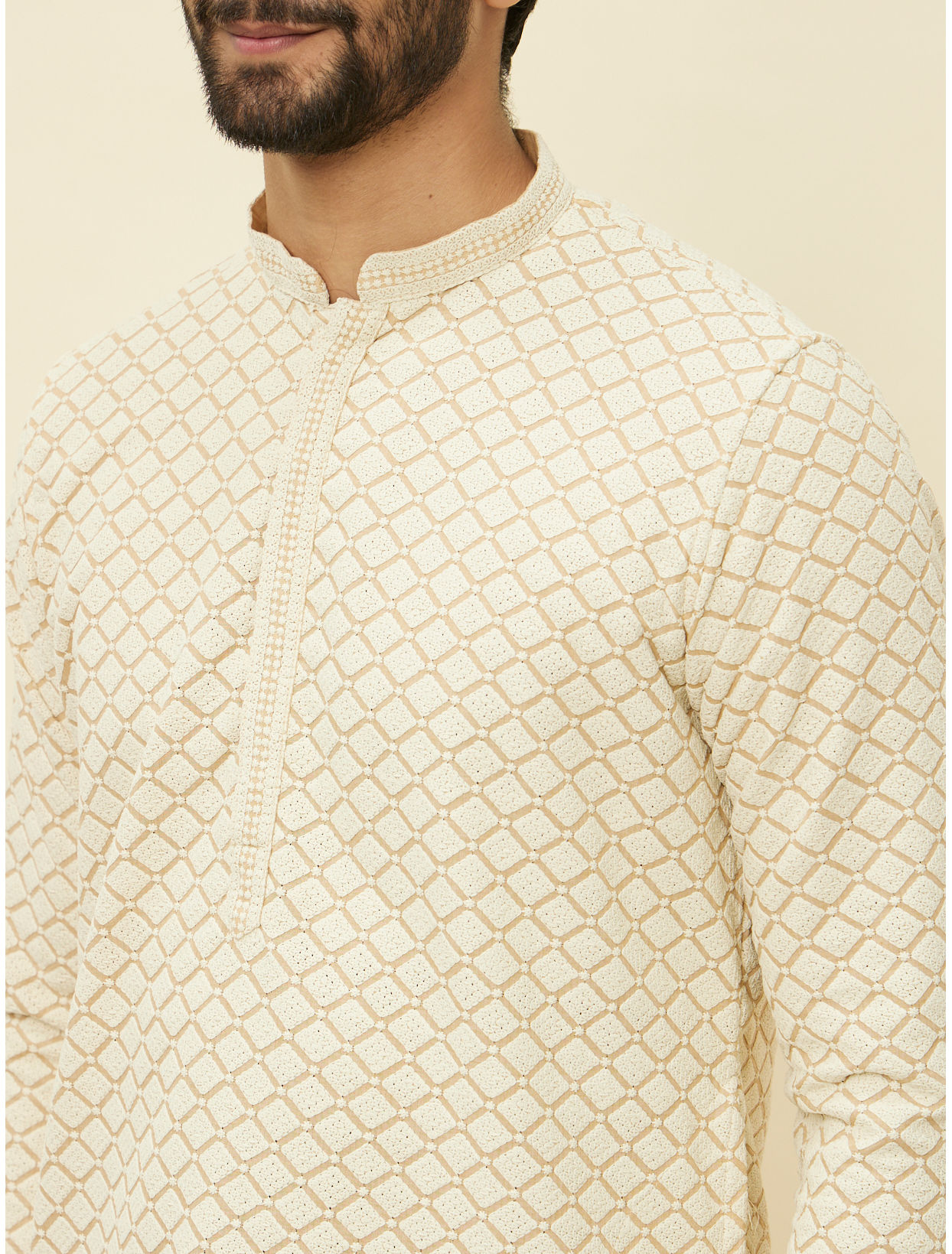 Manyavar Men Sand Beige Chikankari Kurta Set