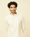 alt message - Manyavar Men Pearled Ivory White Ogee Patterned Kurta Set image number 0