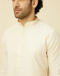 Manyavar Men Pearled Ivory White Ogee Patterned Kurta Set