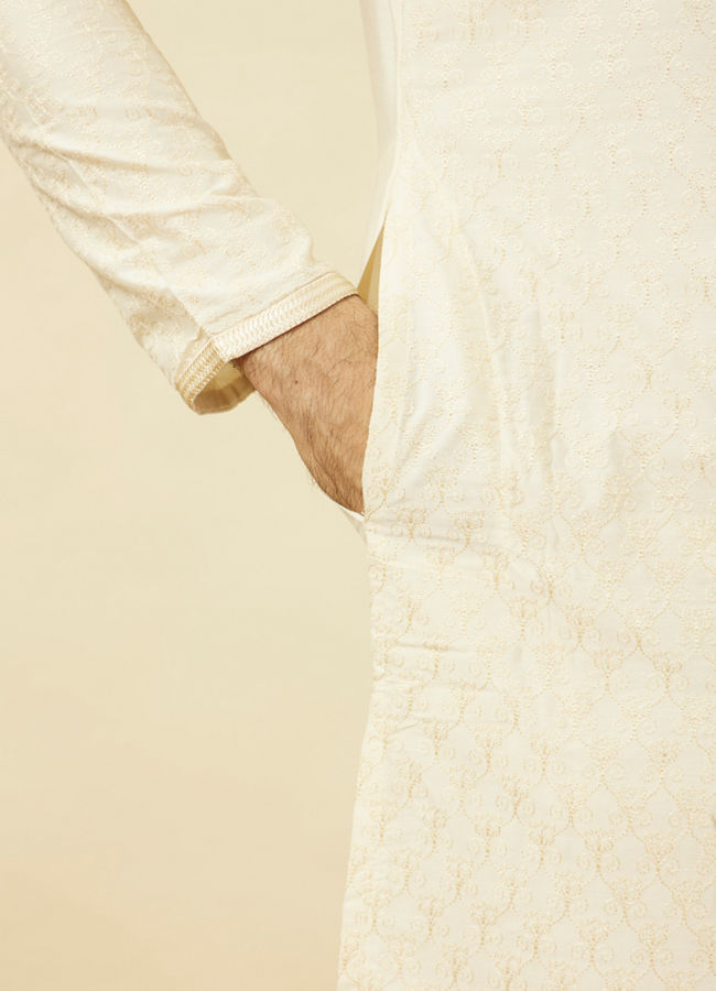 Manyavar Men Pearled Ivory White Ogee Patterned Kurta Set