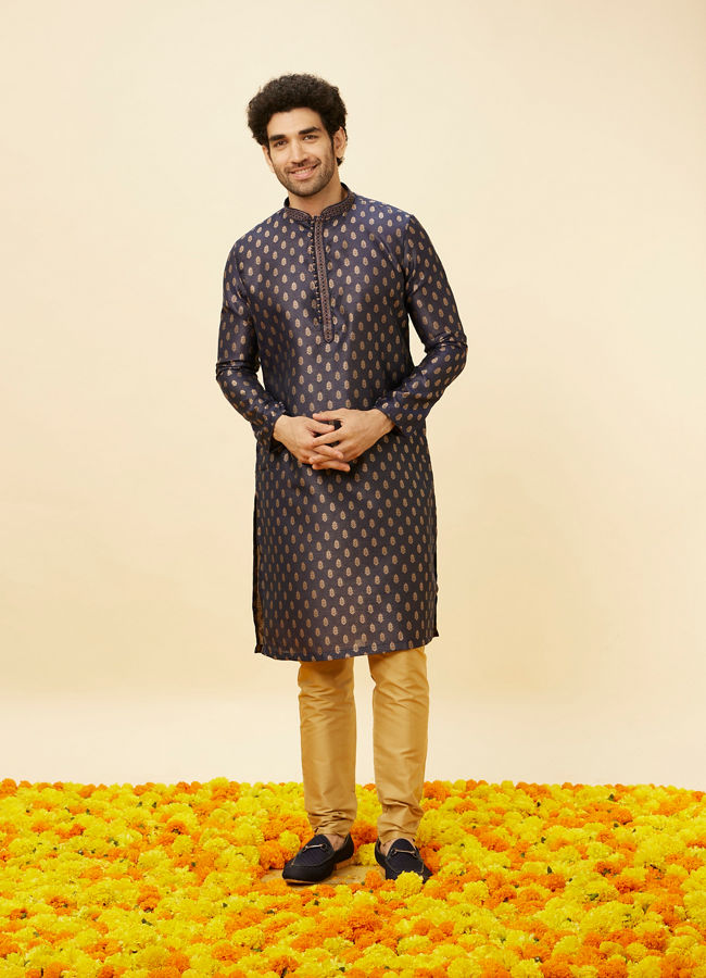 Manyavar Men Imperial Blue Floral Buta Patterned Kurta Set