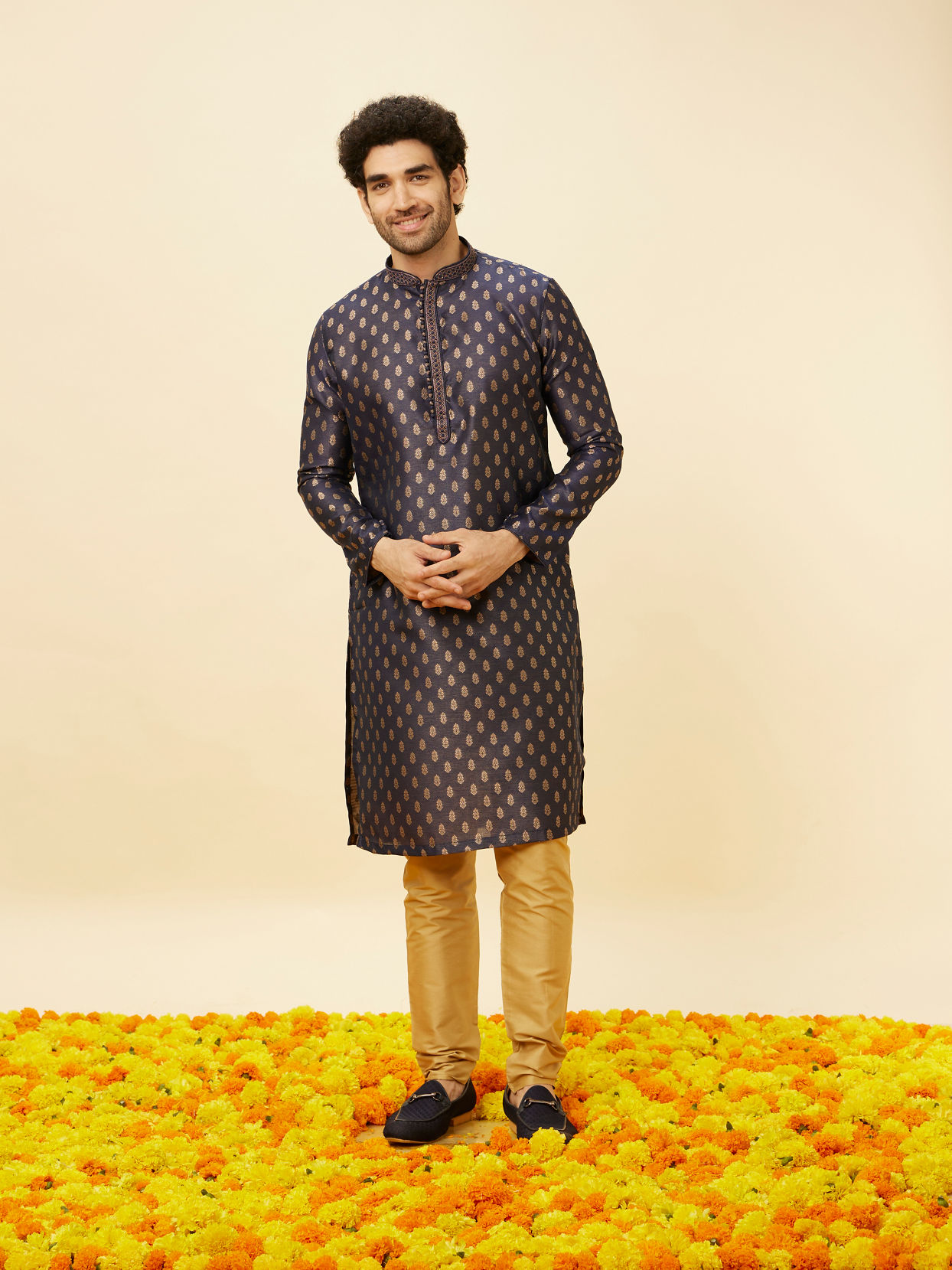 Manyavar Men Imperial Blue Floral Buta Patterned Kurta Set