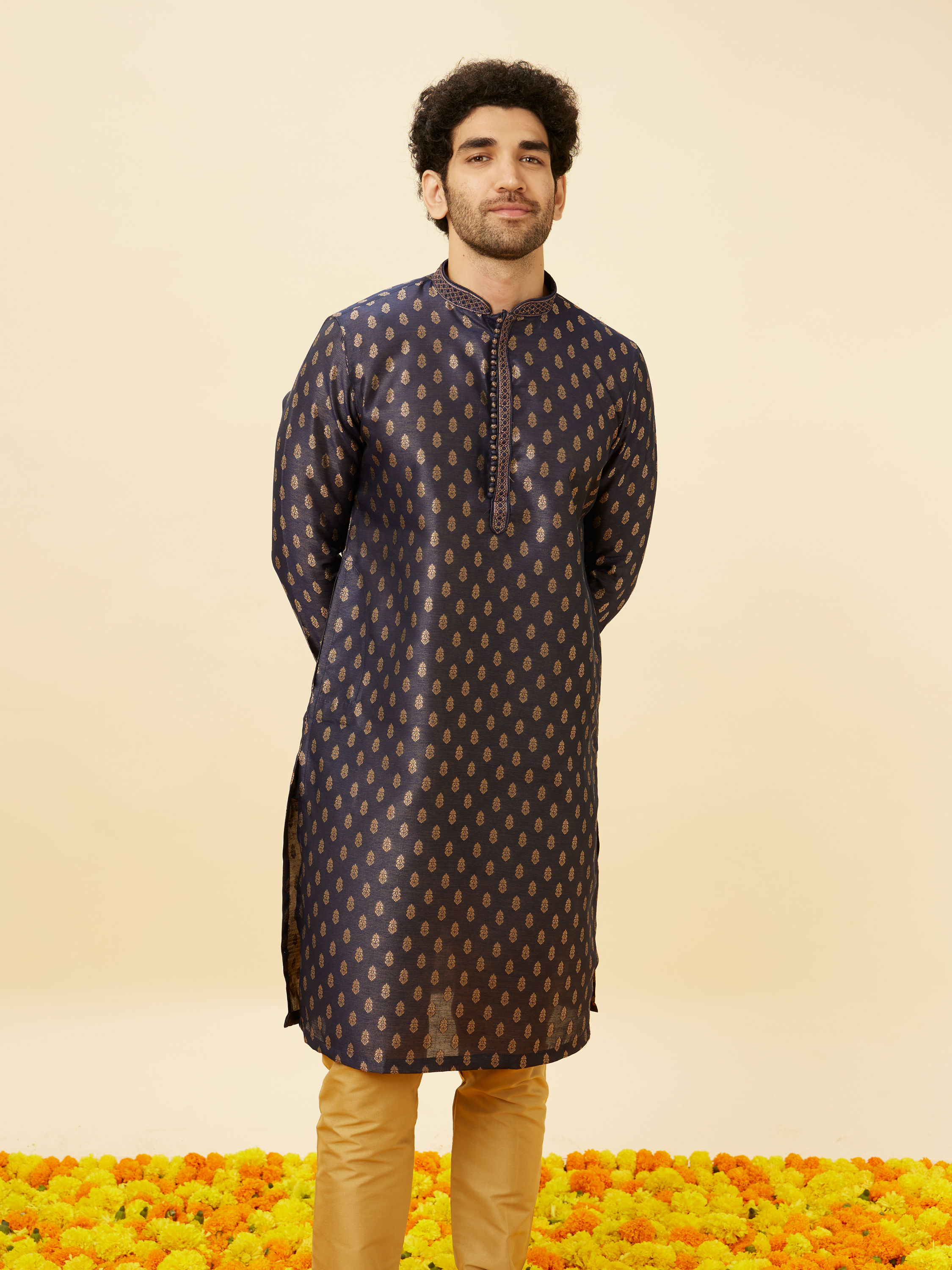 Manyavar Men Imperial Blue Floral Buta Patterned Kurta Set