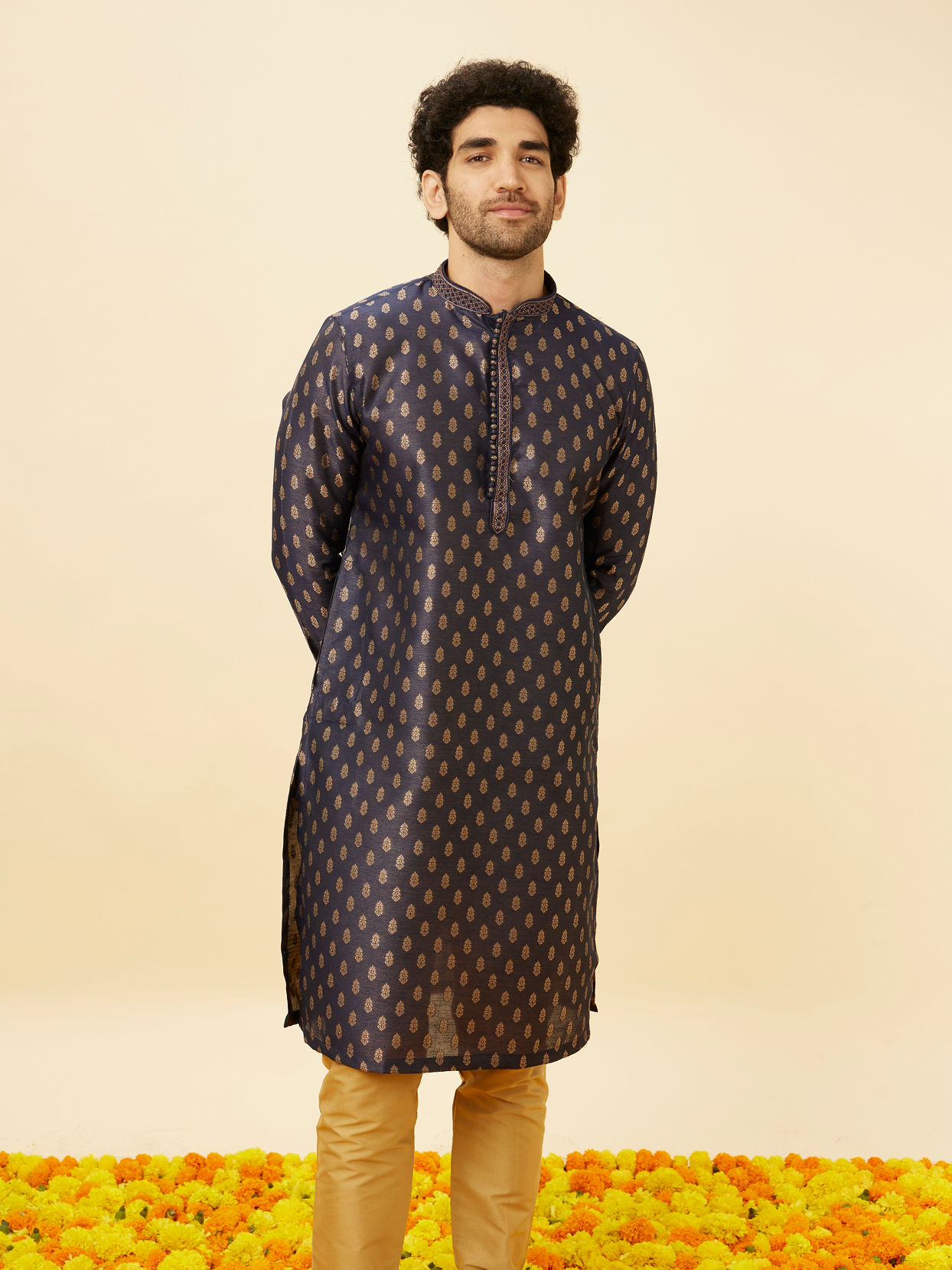Manyavar Men Imperial Blue Floral Buta Patterned Kurta Set