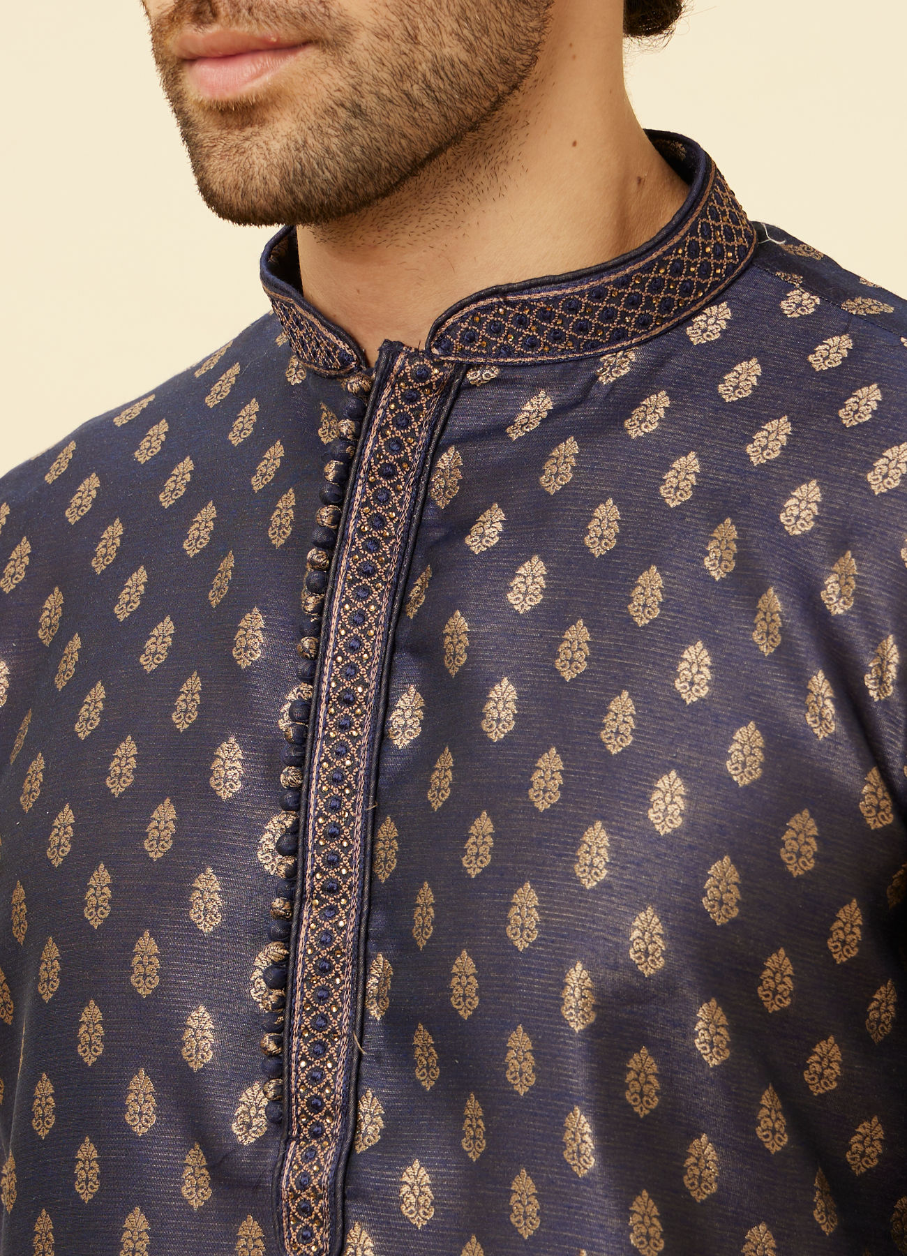 Manyavar Men Imperial Blue Floral Buta Patterned Kurta Set