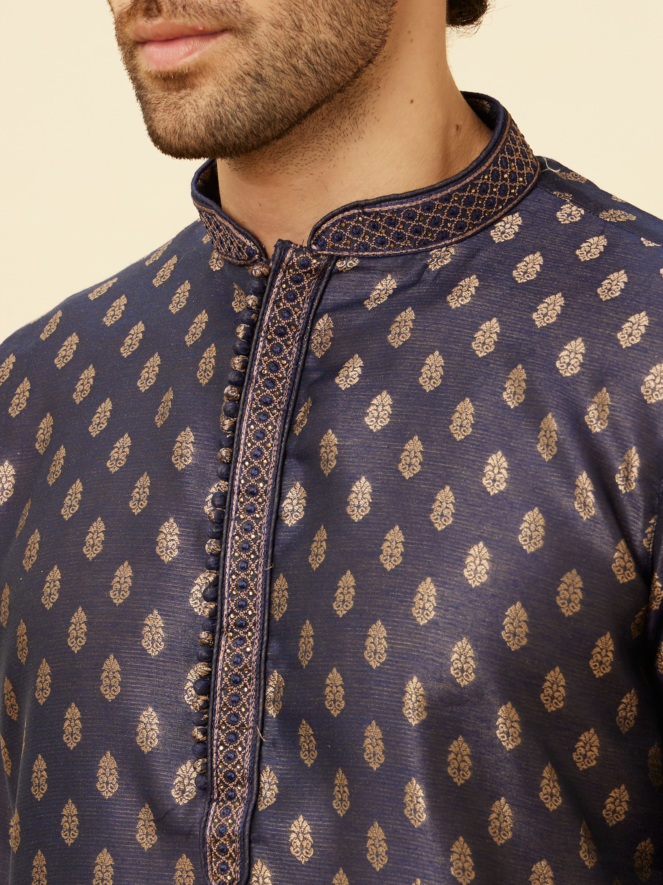 Manyavar Men Imperial Blue Floral Buta Patterned Kurta Set