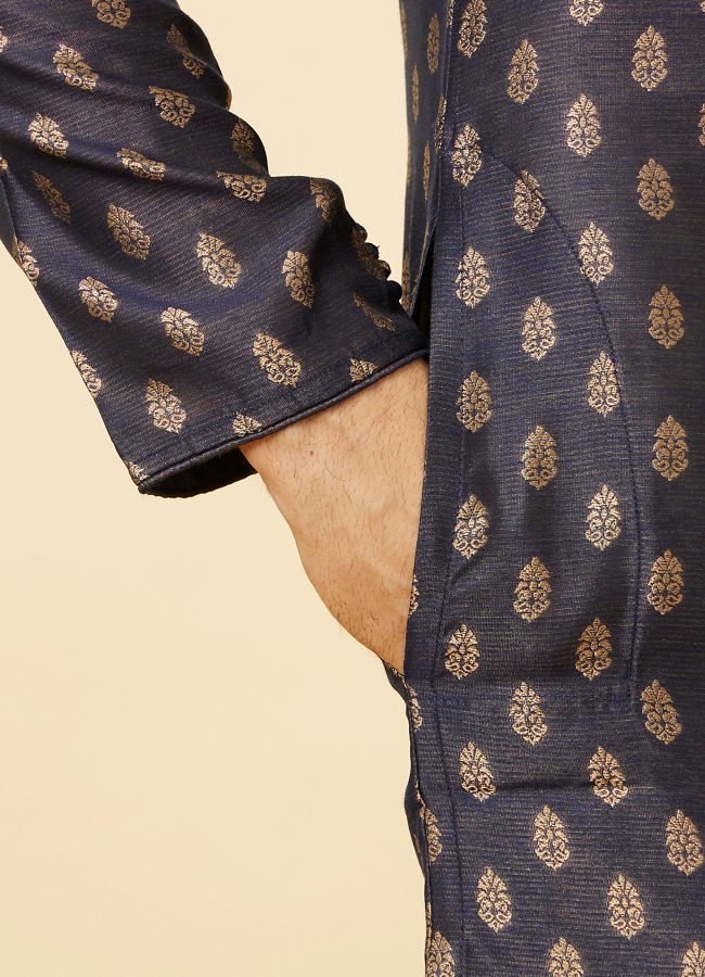 Manyavar Men Imperial Blue Floral Buta Patterned Kurta Set