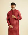 alt message - Manyavar Men Pomegranate Red Jacquard Patterned Kurta Set image number 0