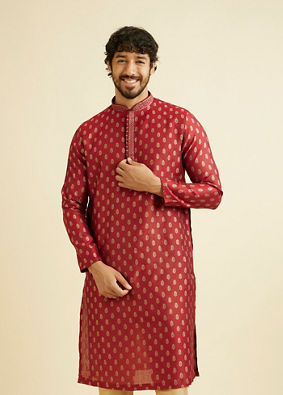 alt message - Manyavar Men Pomegranate Red Jacquard Patterned Kurta Set image number 0