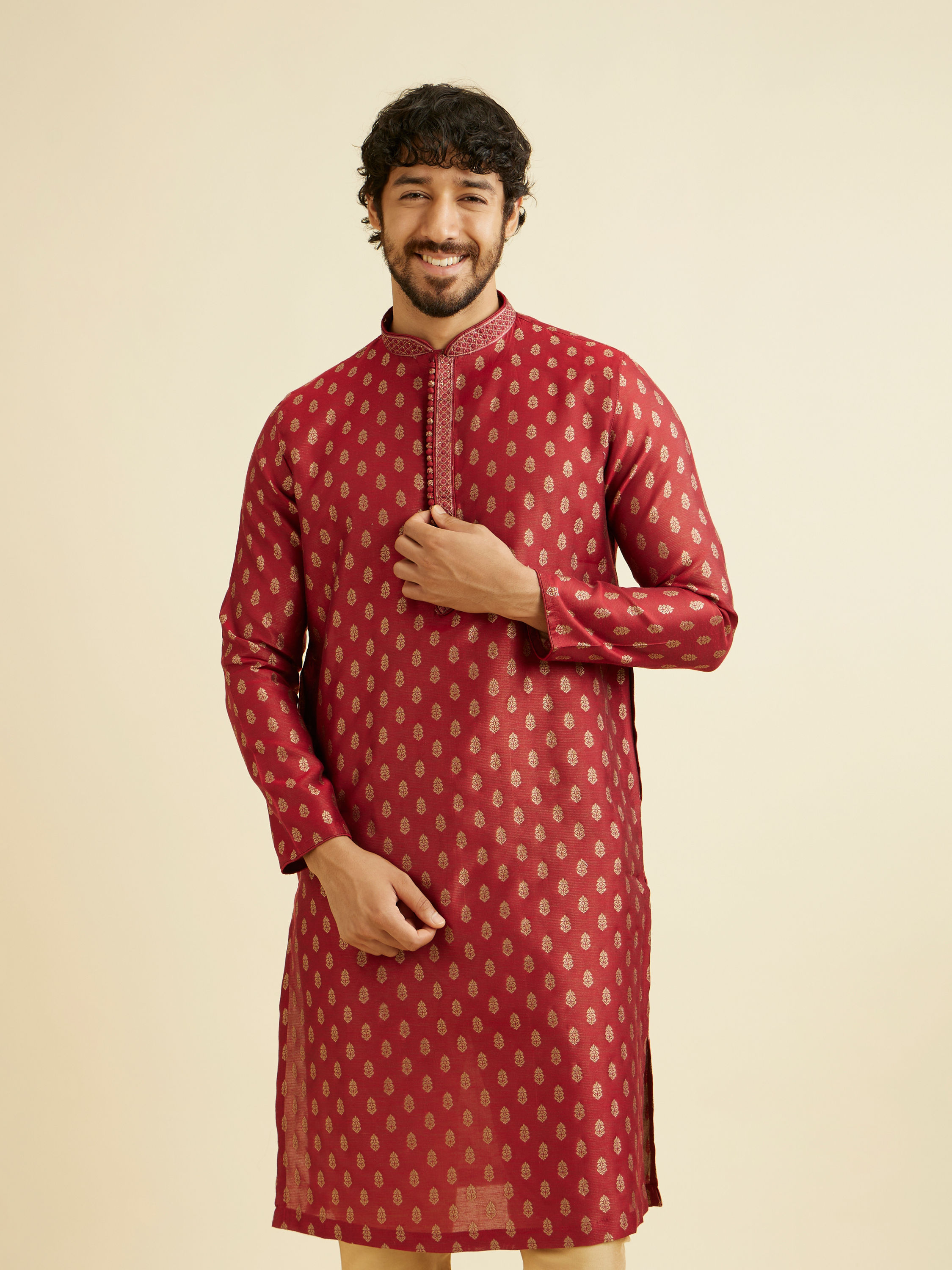 Manyavar Men Pomegranate Red Jacquard Patterned Kurta Set