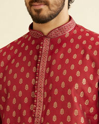 Manyavar Men Pomegranate Red Jacquard Patterned Kurta Set