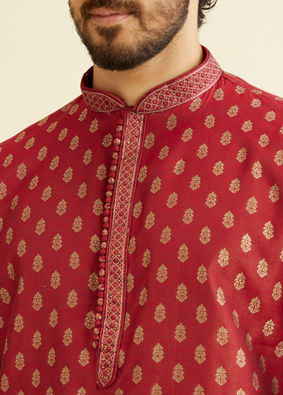 alt message - Manyavar Men Pomegranate Red Jacquard Patterned Kurta Set image number 1