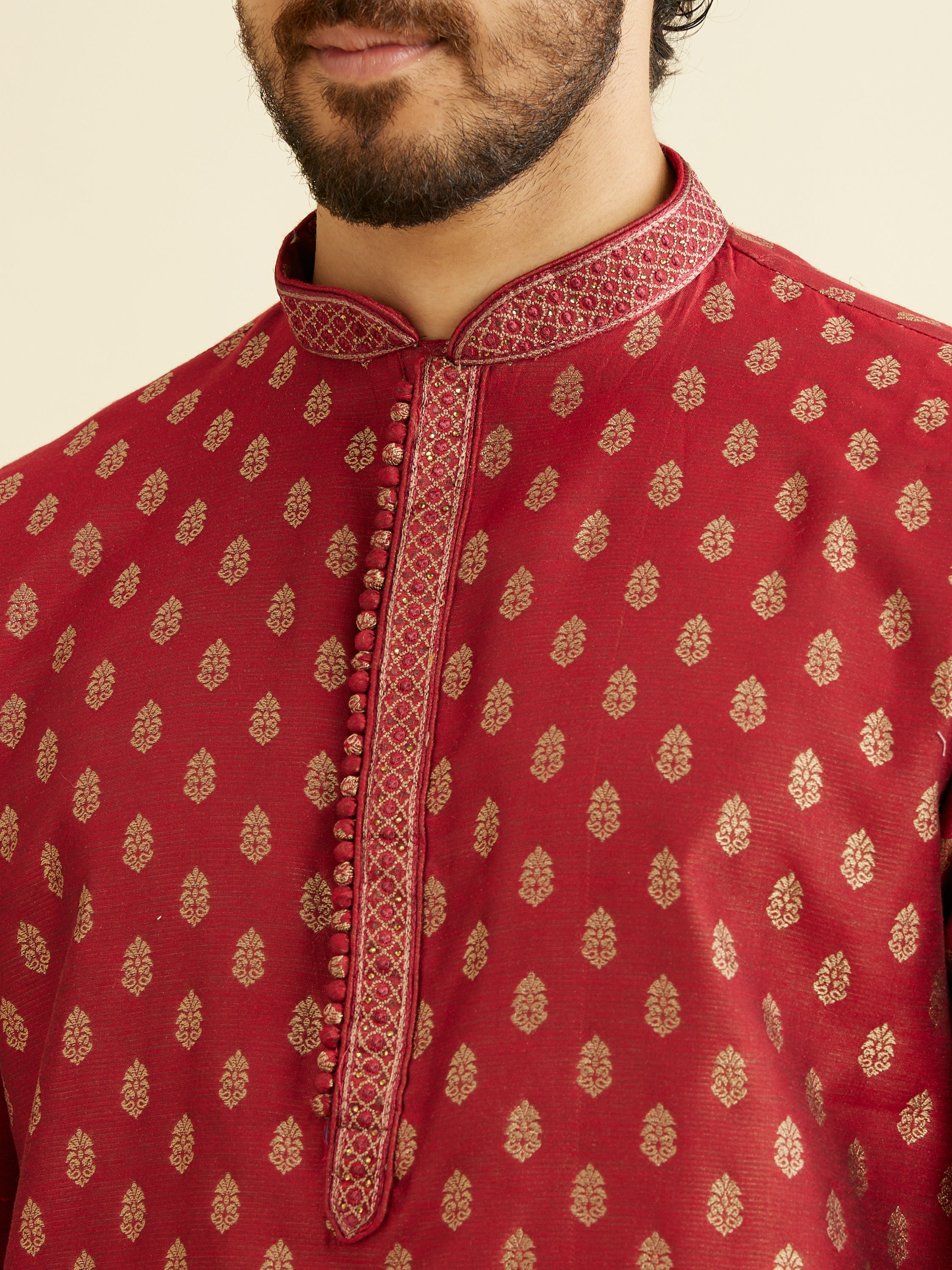 Manyavar Men Pomegranate Red Jacquard Patterned Kurta Set