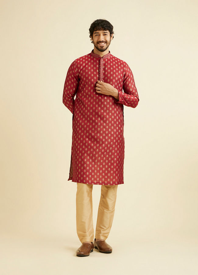 Manyavar Men Pomegranate Red Jacquard Patterned Kurta Set