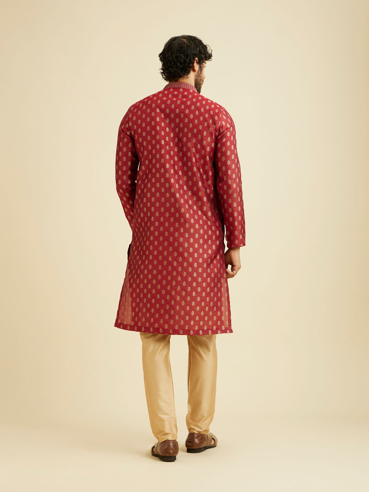 Manyavar Men Pomegranate Red Jacquard Patterned Kurta Set
