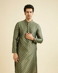 Manyavar Men Bottle Green Kurta Set With Golden Motifs