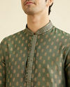 alt message - Manyavar Men Bottle Green Kurta Set With Golden Motifs image number 1