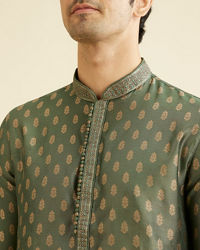 Manyavar Men Bottle Green Kurta Set With Golden Motifs