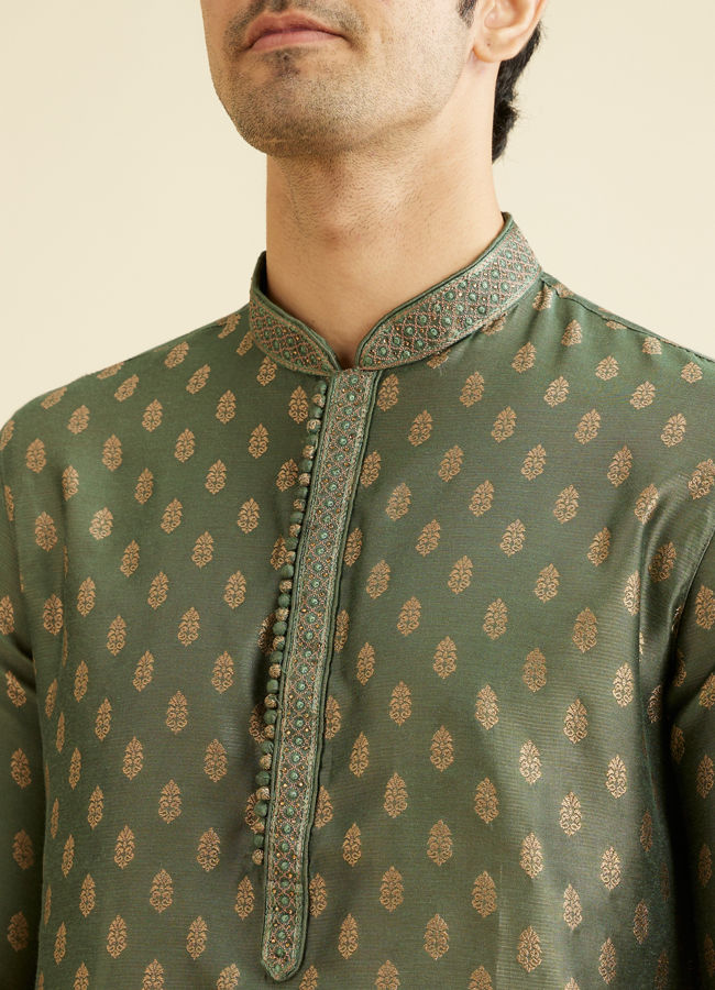 alt message - Manyavar Men Bottle Green Kurta Set With Golden Motifs image number 1