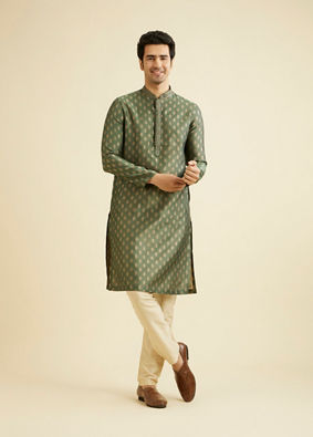 alt message - Manyavar Men Bottle Green Kurta Set With Golden Motifs image number 2