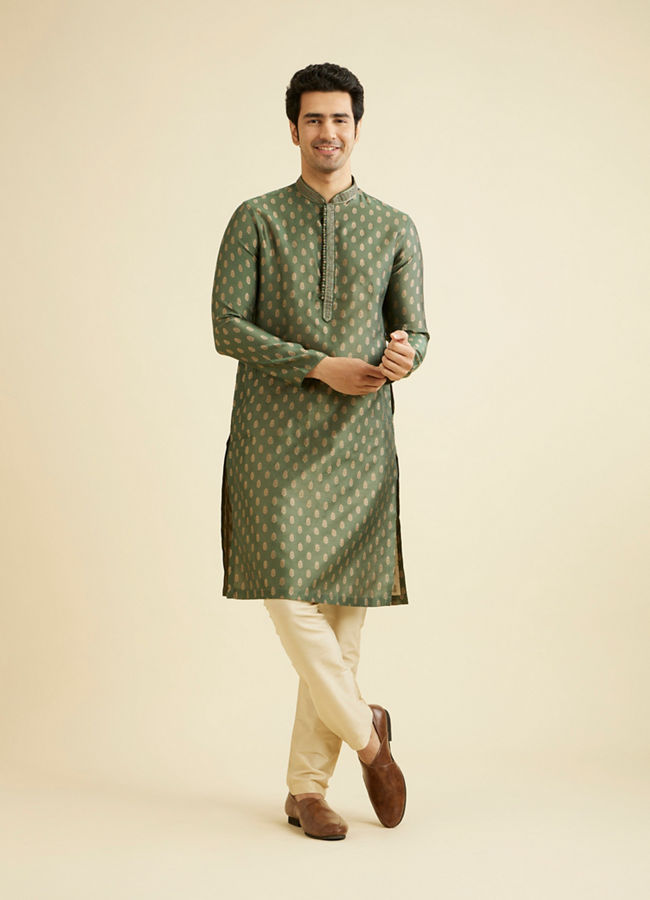 alt message - Manyavar Men Bottle Green Kurta Set With Golden Motifs image number 2