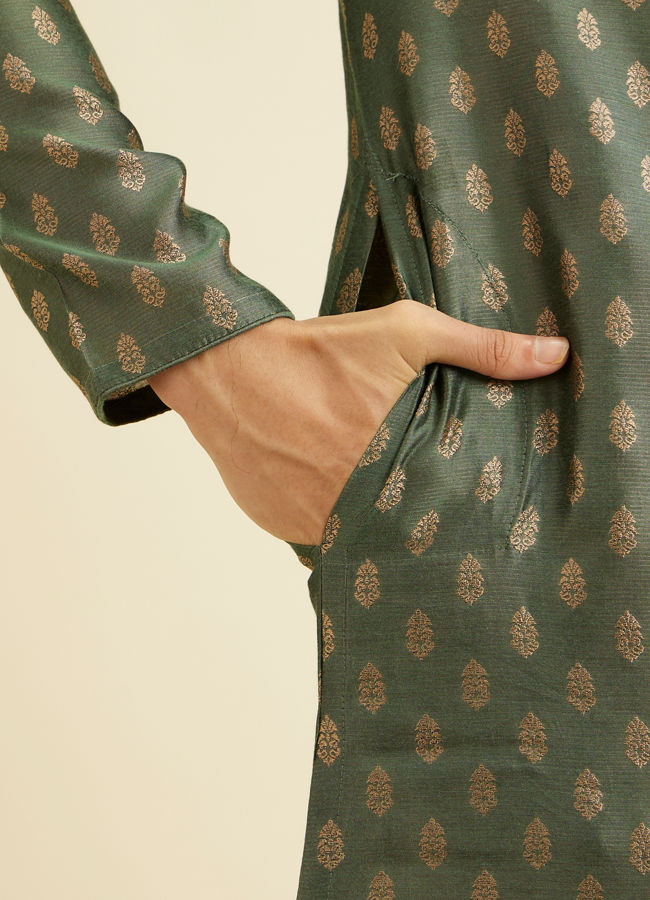 Manyavar Men Bottle Green Kurta Set With Golden Motifs