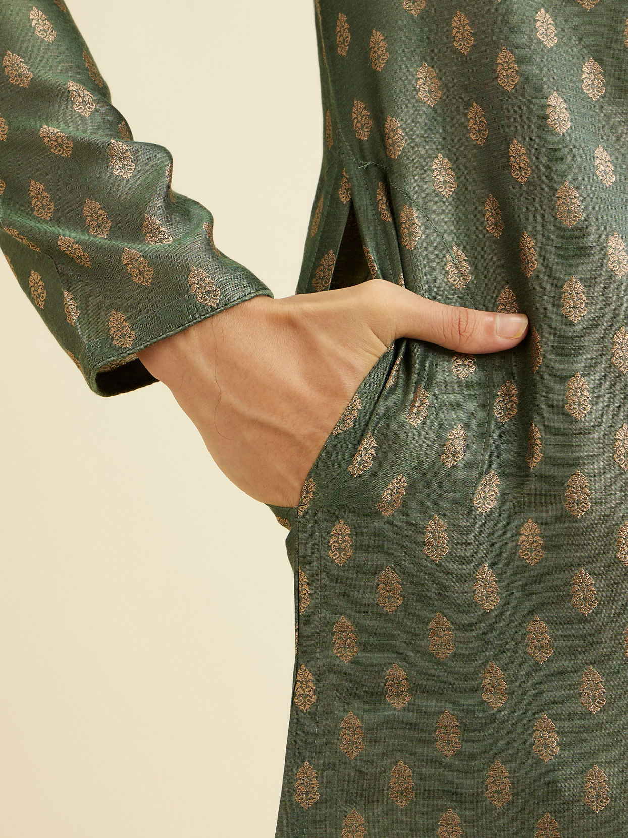 Manyavar Men Bottle Green Kurta Set With Golden Motifs