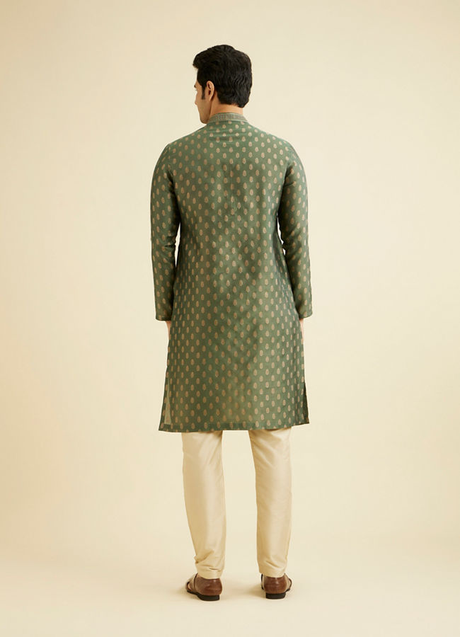 Manyavar Men Bottle Green Kurta Set With Golden Motifs