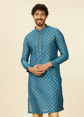 alt message - Manyavar Men Teal Blue Buta Patterned Kurta Set image number 0