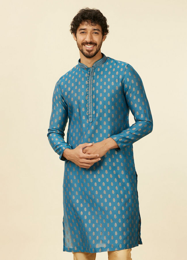 alt message - Manyavar Men Teal Blue Buta Patterned Kurta Set image number 0