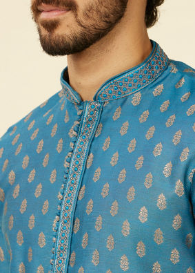 alt message - Manyavar Men Teal Blue Buta Patterned Kurta Set image number 1