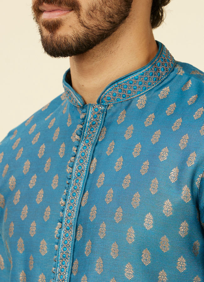 alt message - Manyavar Men Teal Blue Buta Patterned Kurta Set image number 1