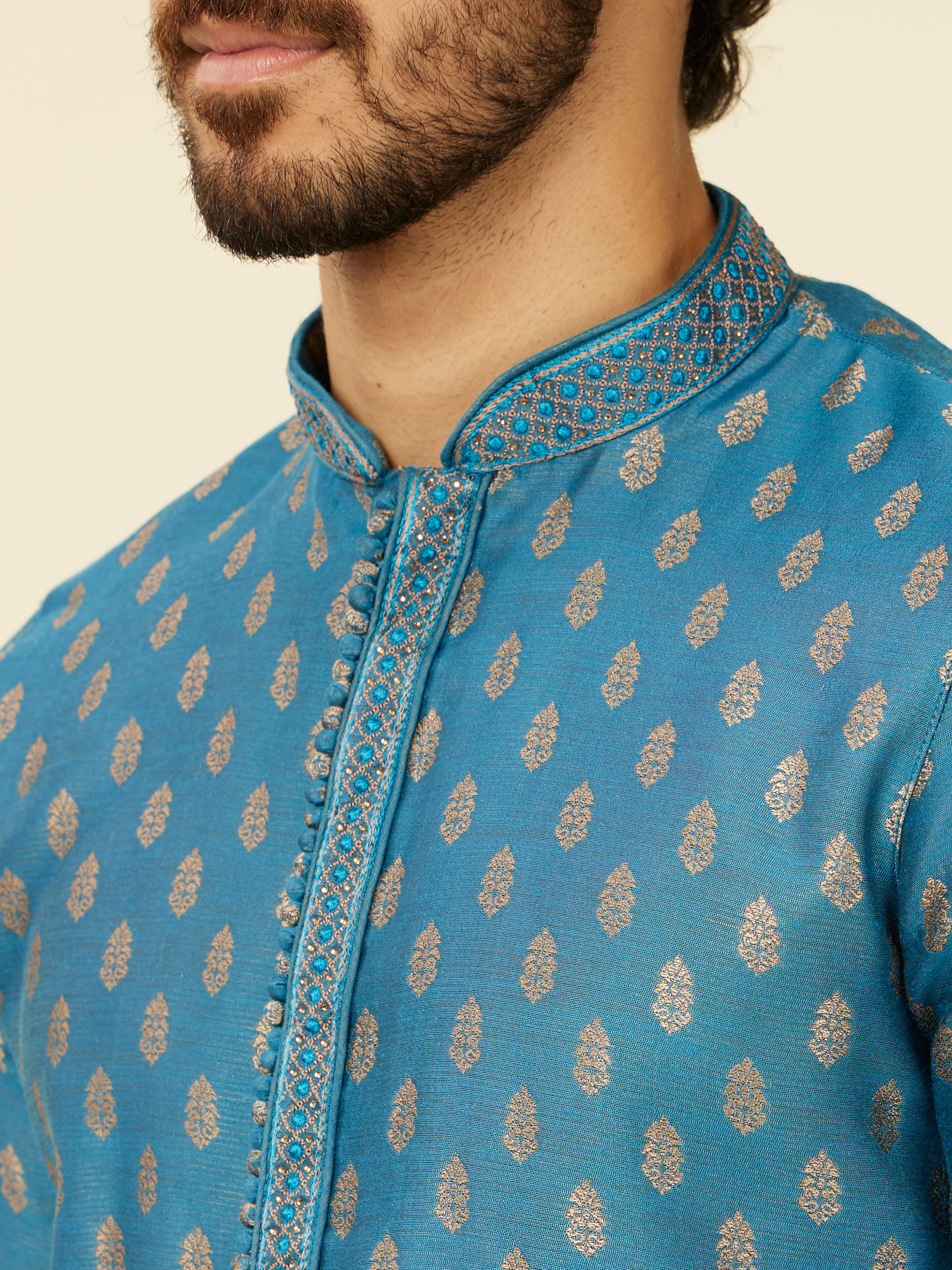 Manyavar Men Teal Blue Buta Patterned Kurta Set