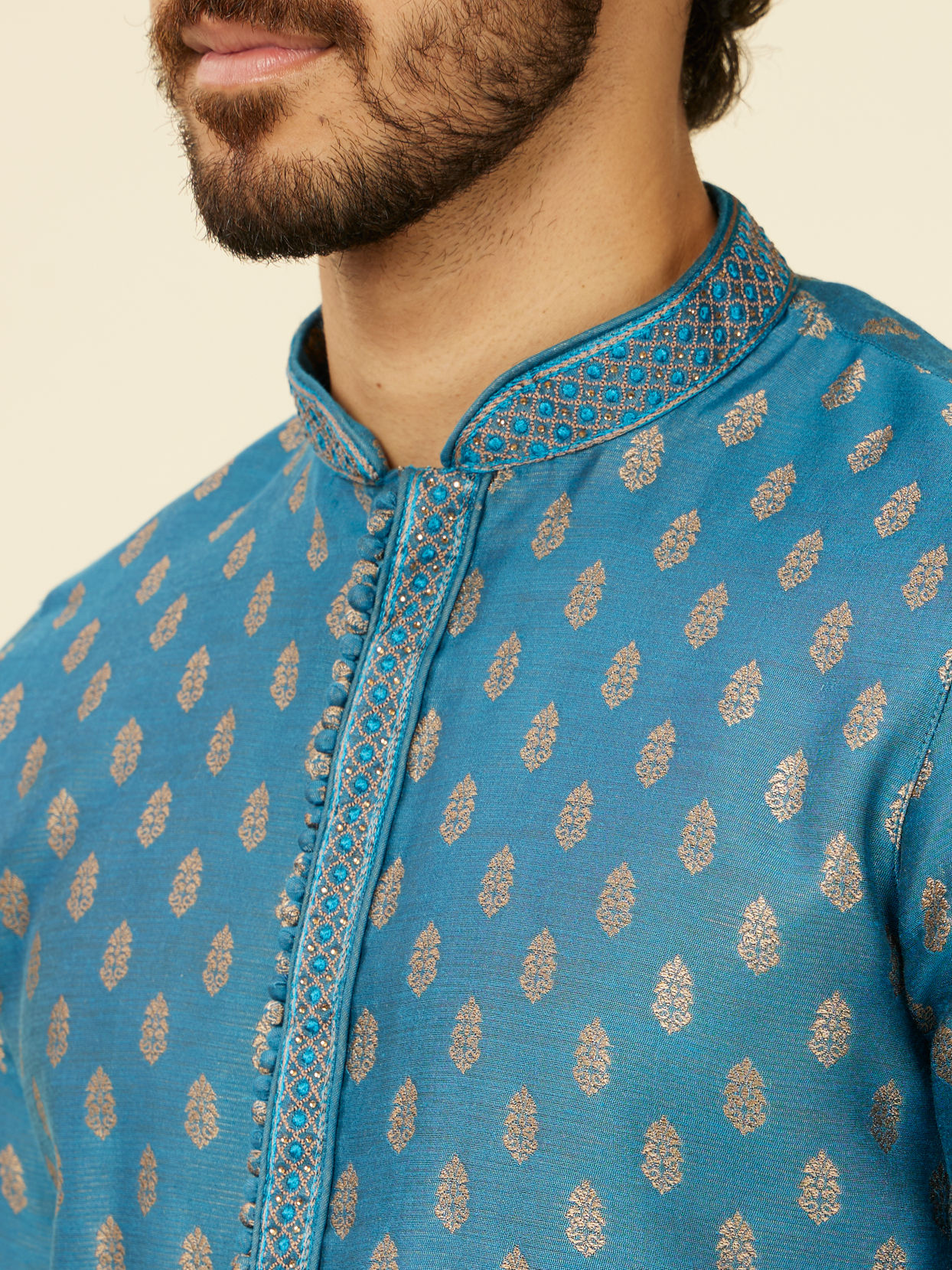 alt message - Manyavar Men Teal Blue Buta Patterned Kurta Set image number 1