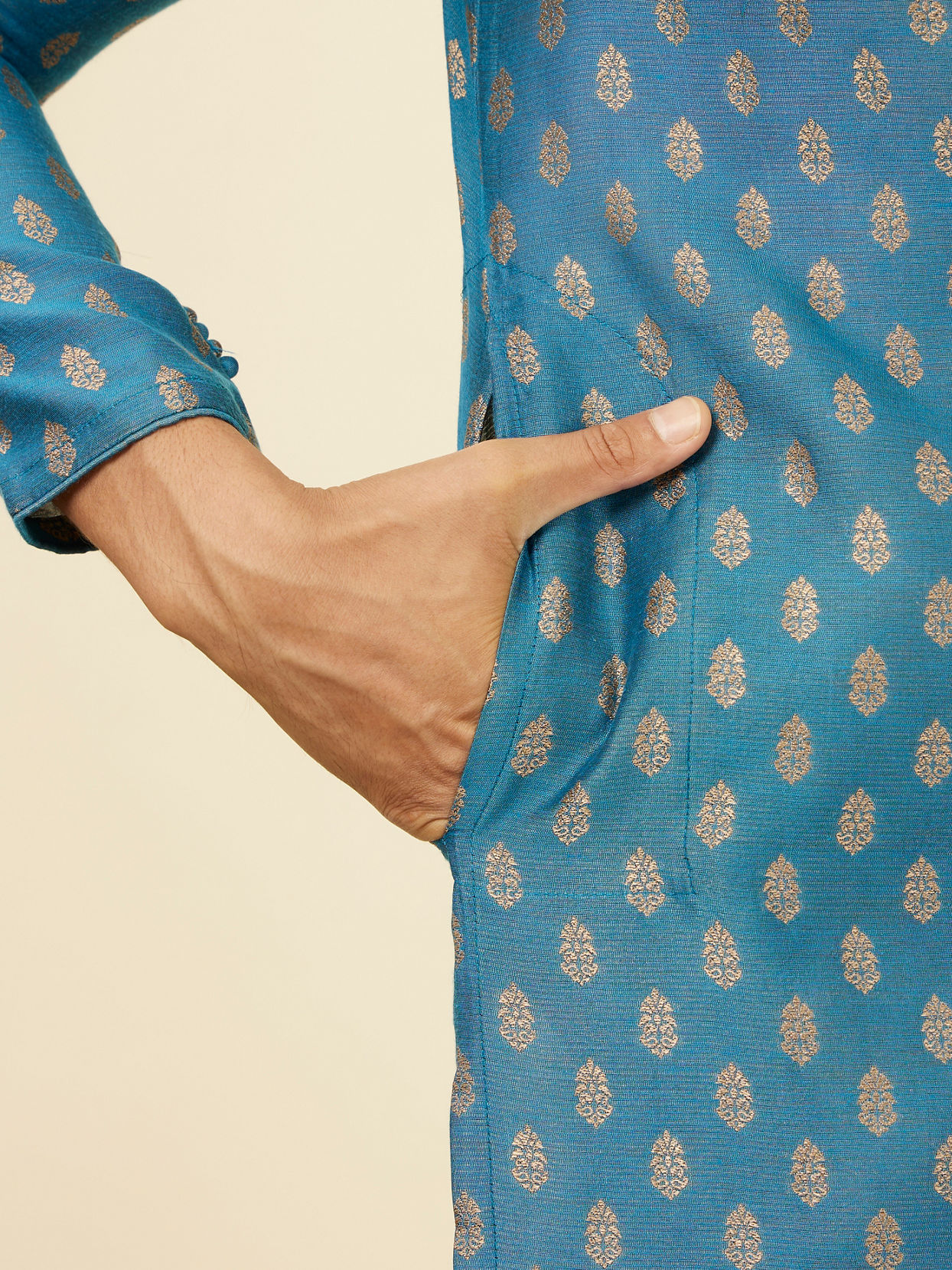 Manyavar Men Teal Blue Buta Patterned Kurta Set