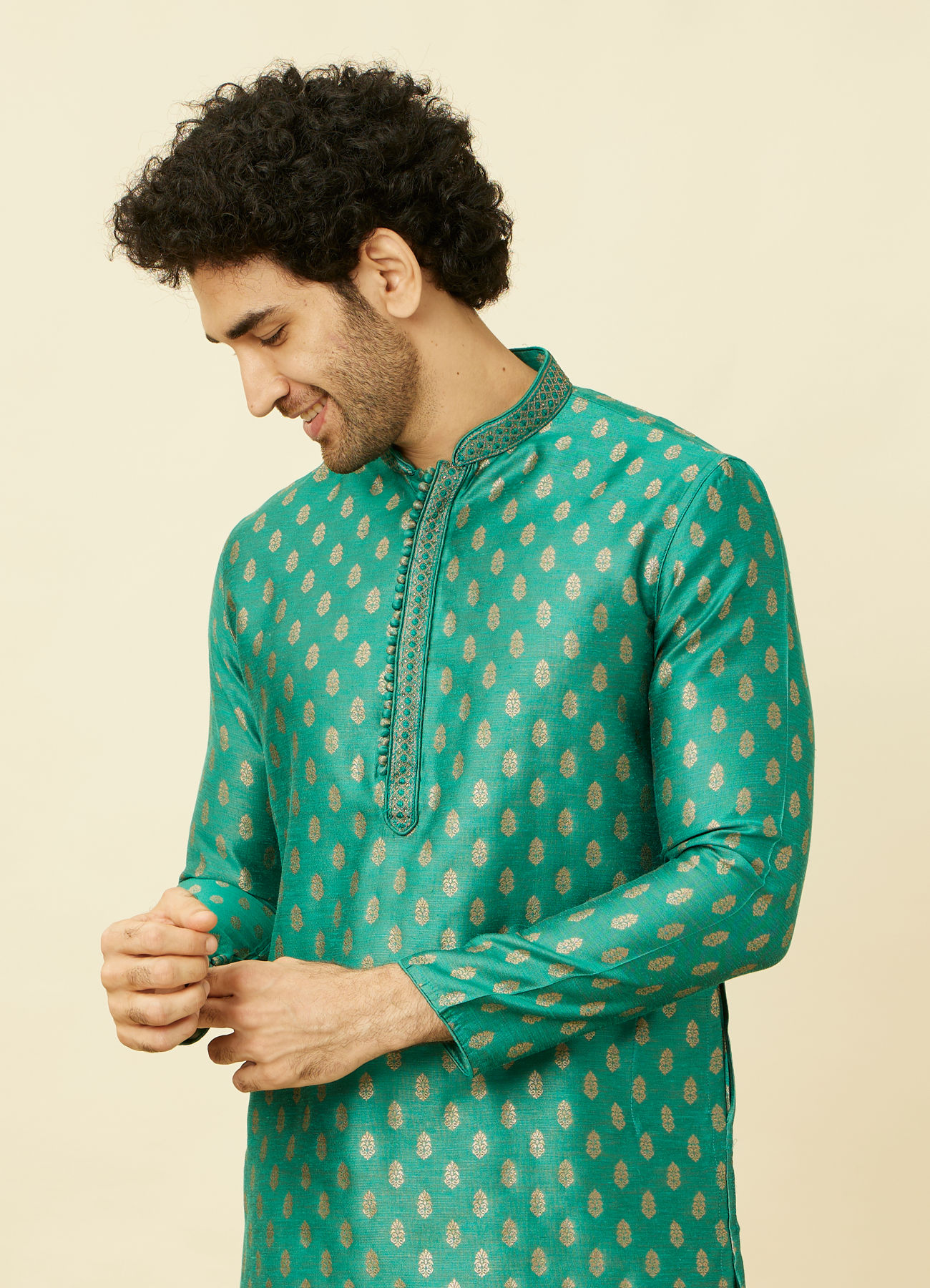 Manyavar Men Jade Green Buta Patterned Kurta Set