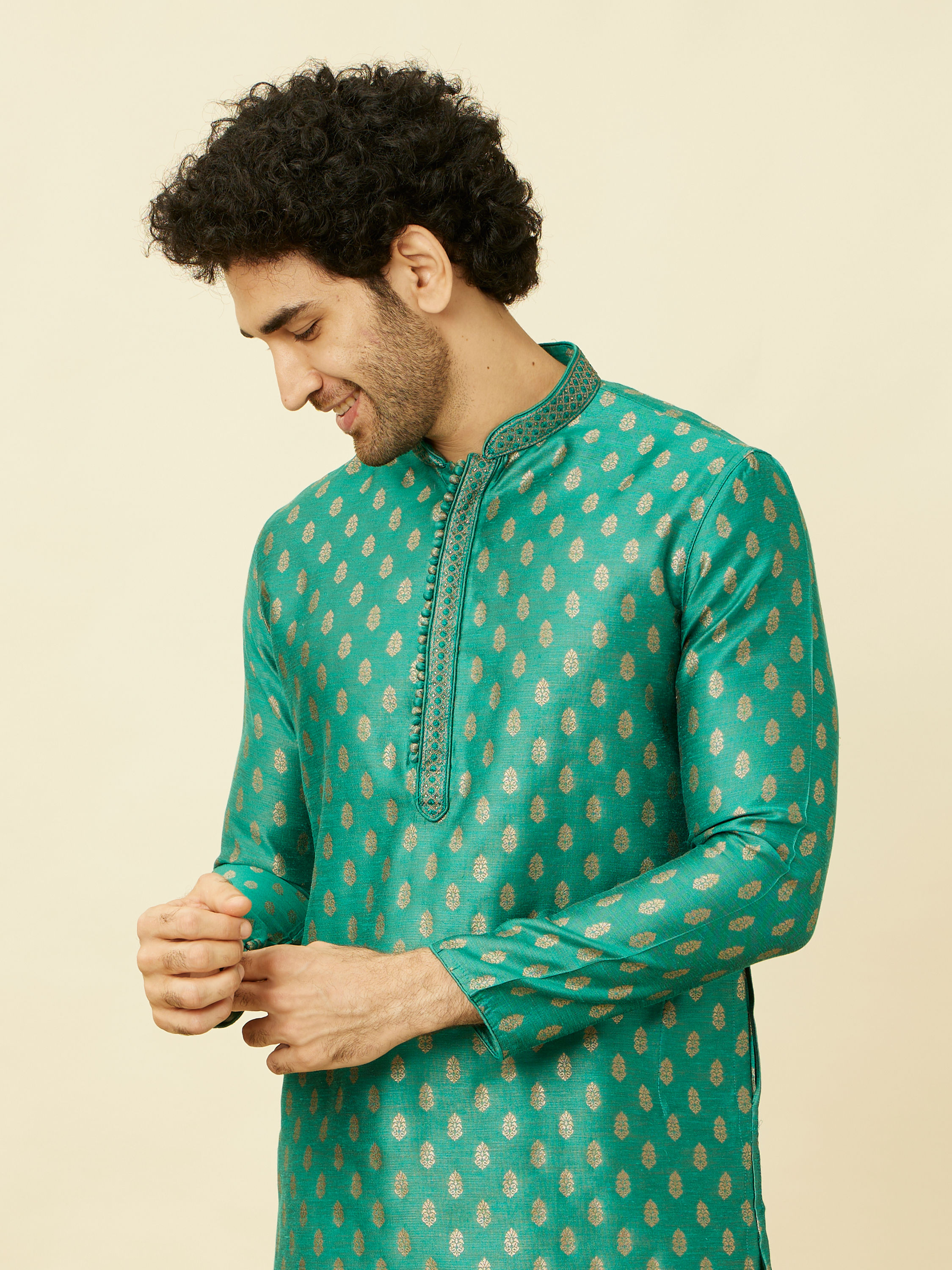 Manyavar Men Jade Green Buta Patterned Kurta Set