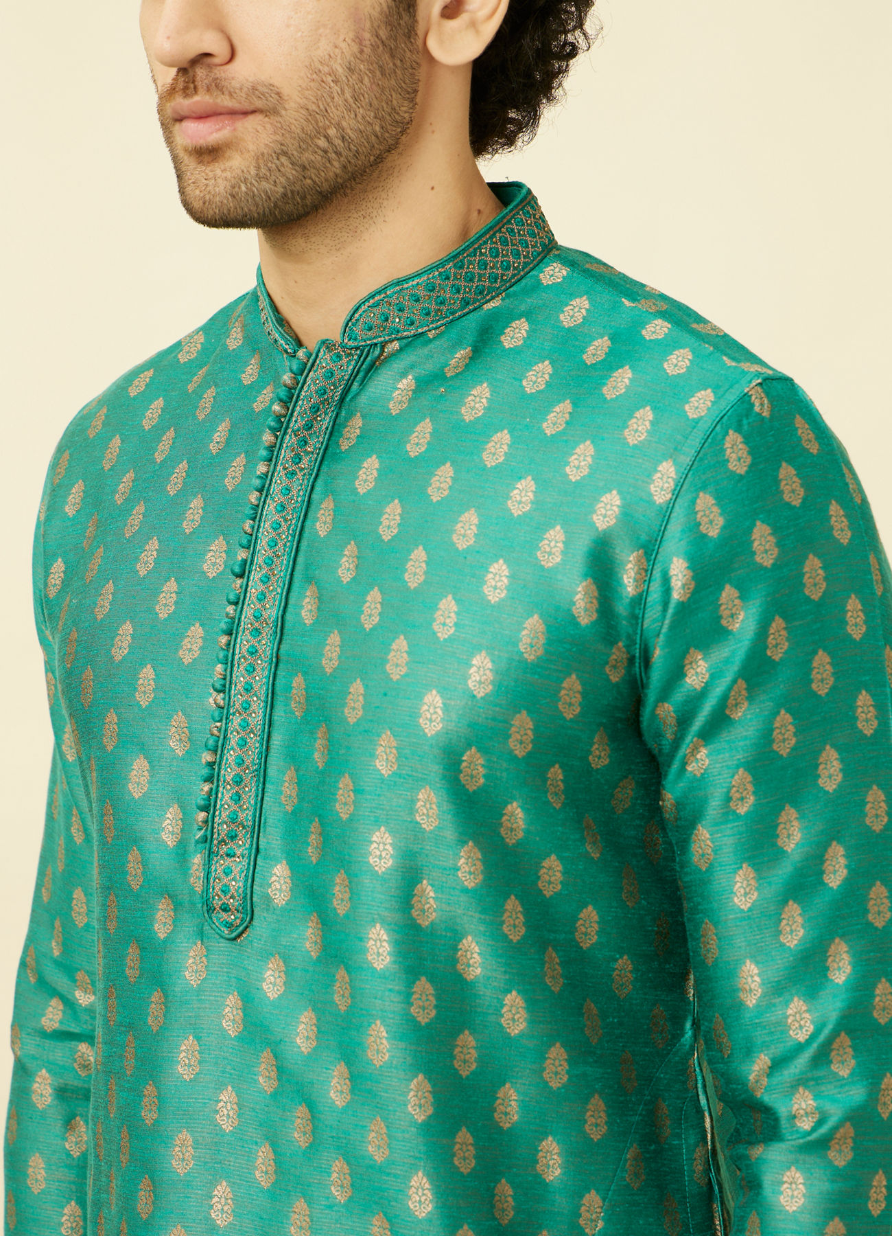 Manyavar Men Jade Green Buta Patterned Kurta Set