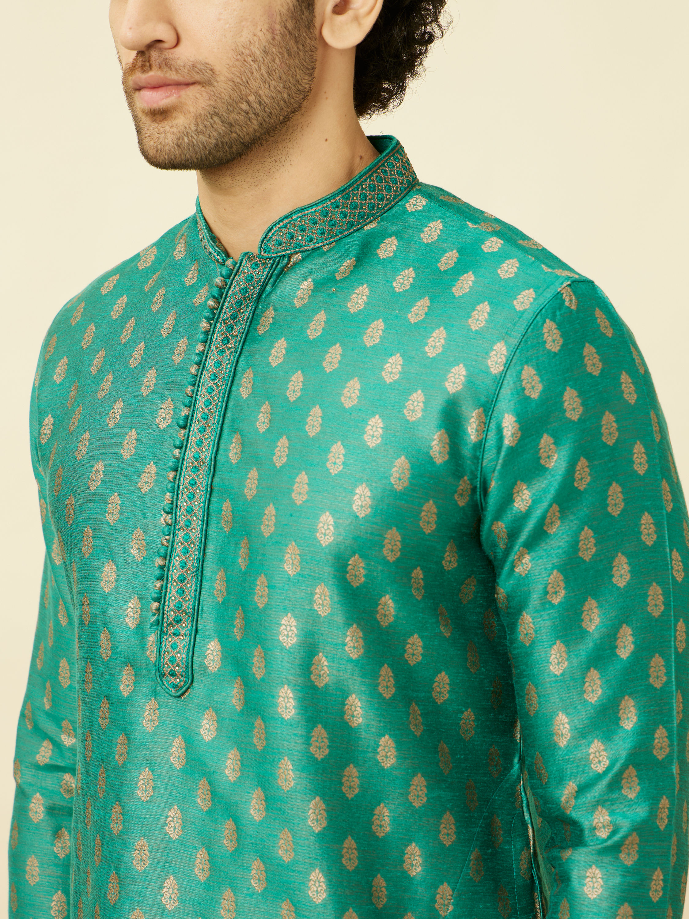 Manyavar Men Jade Green Buta Patterned Kurta Set