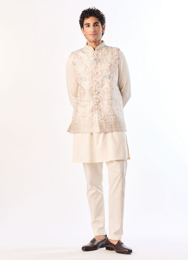 Manyavar Men Cream Art Silk Nehru Jacket with Embroidery