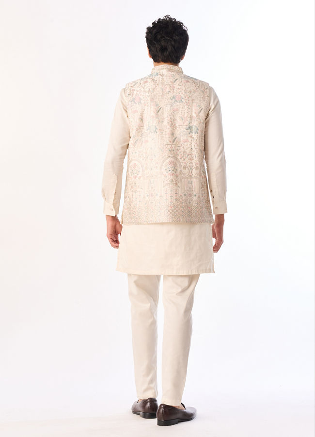 Manyavar Men Cream Art Silk Nehru Jacket with Embroidery