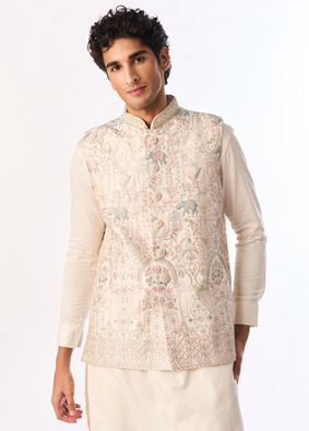 Manyavar Men Cream Art Silk Nehru Jacket with Embroidery
