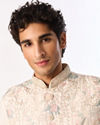 Manyavar Men Cream Art Silk Nehru Jacket with Embroidery