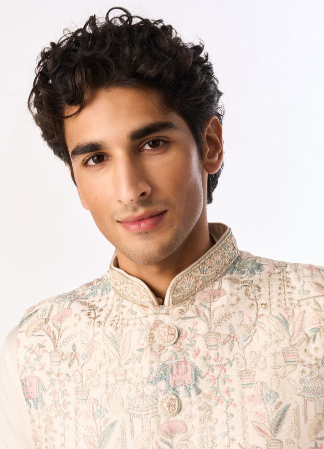 Manyavar Men Cream Art Silk Nehru Jacket with Embroidery