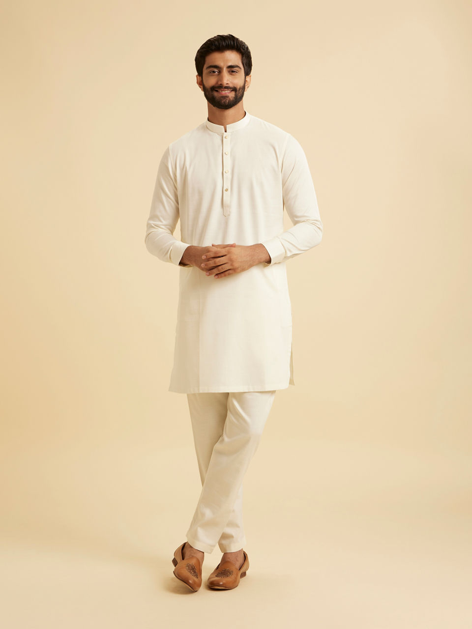 Manyavar Men Classic Cream Coloured Kurta Pajama
